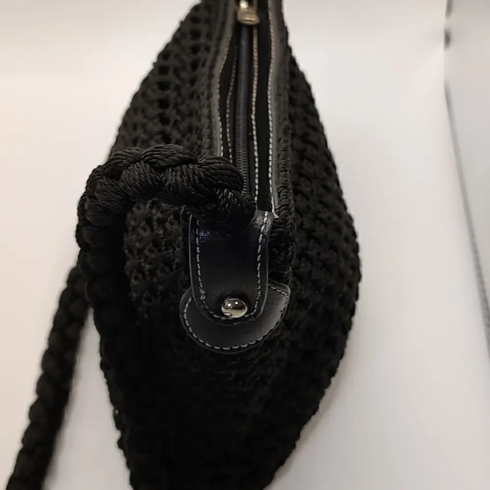 Luxy Black Crochet and Leather Shoulder Bag